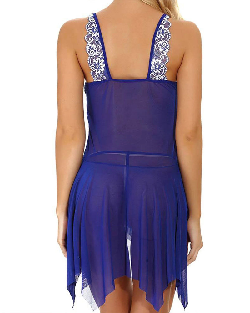 Deep V Lace Translucent Mesh Front Button Suspender Nightdress and Thong Set