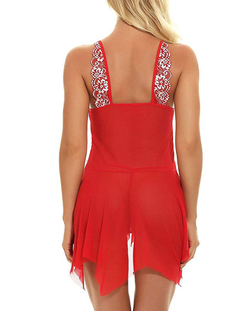 Deep V Lace Translucent Mesh Front Button Suspender Nightdress and Thong Set