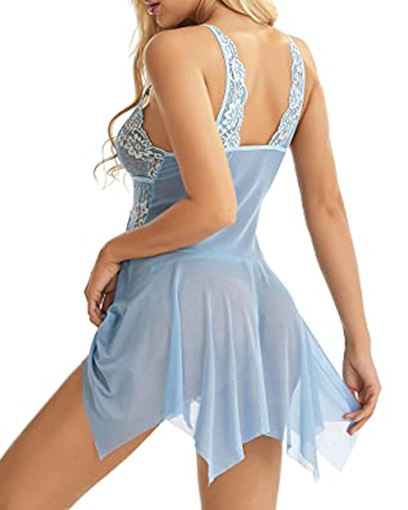 Deep V Lace Translucent Mesh Front Button Suspender Nightdress and Thong Set