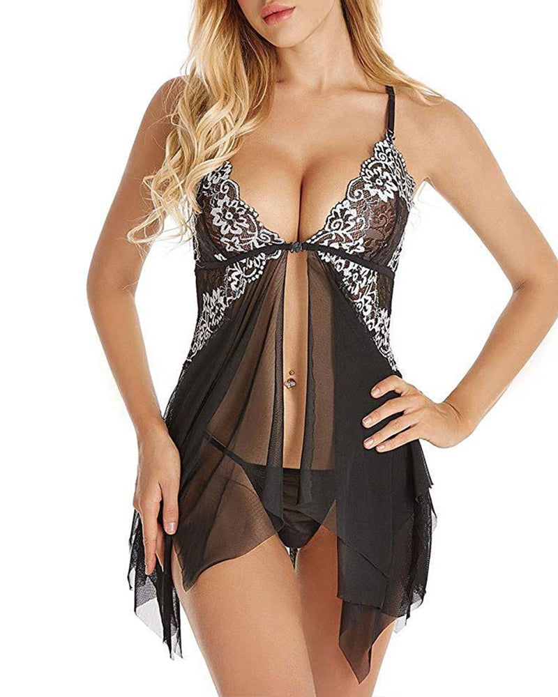 Deep V Lace Translucent Mesh Front Button Suspender Nightdress and Thong Set