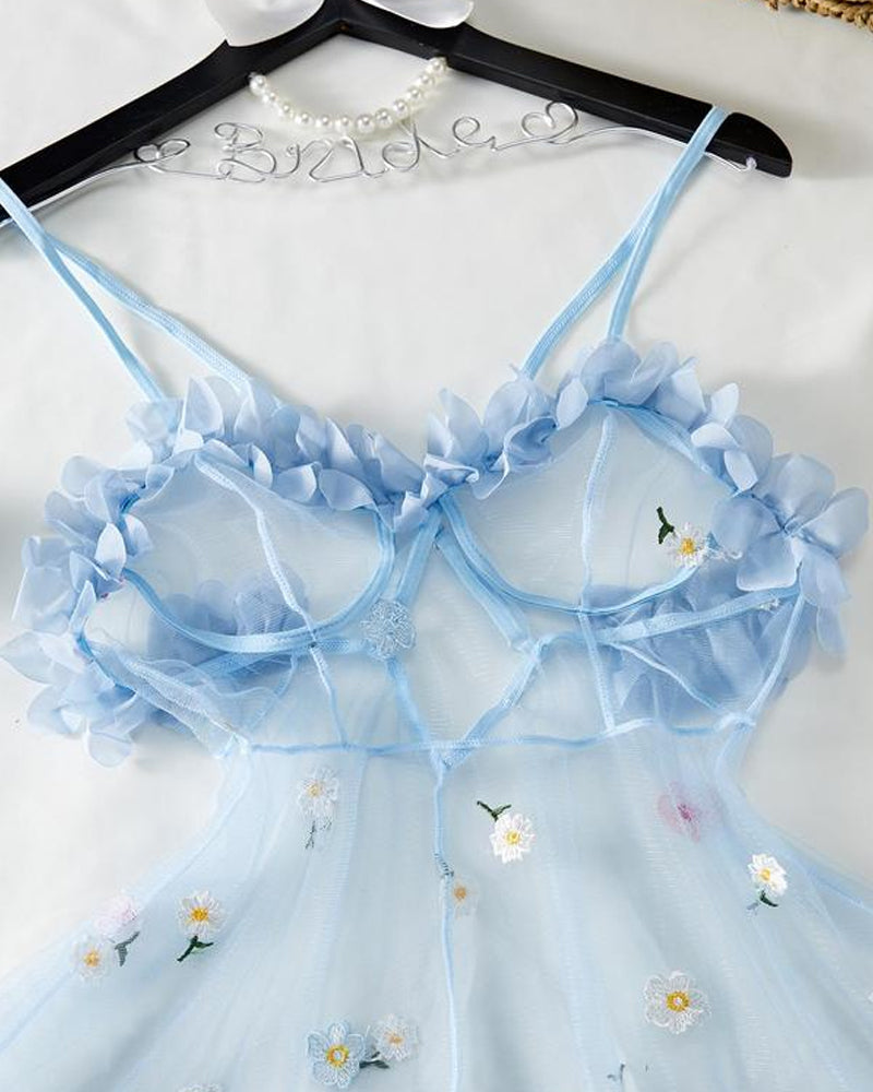 See-Through 3D Flower Lace Mesh Suspender Dress