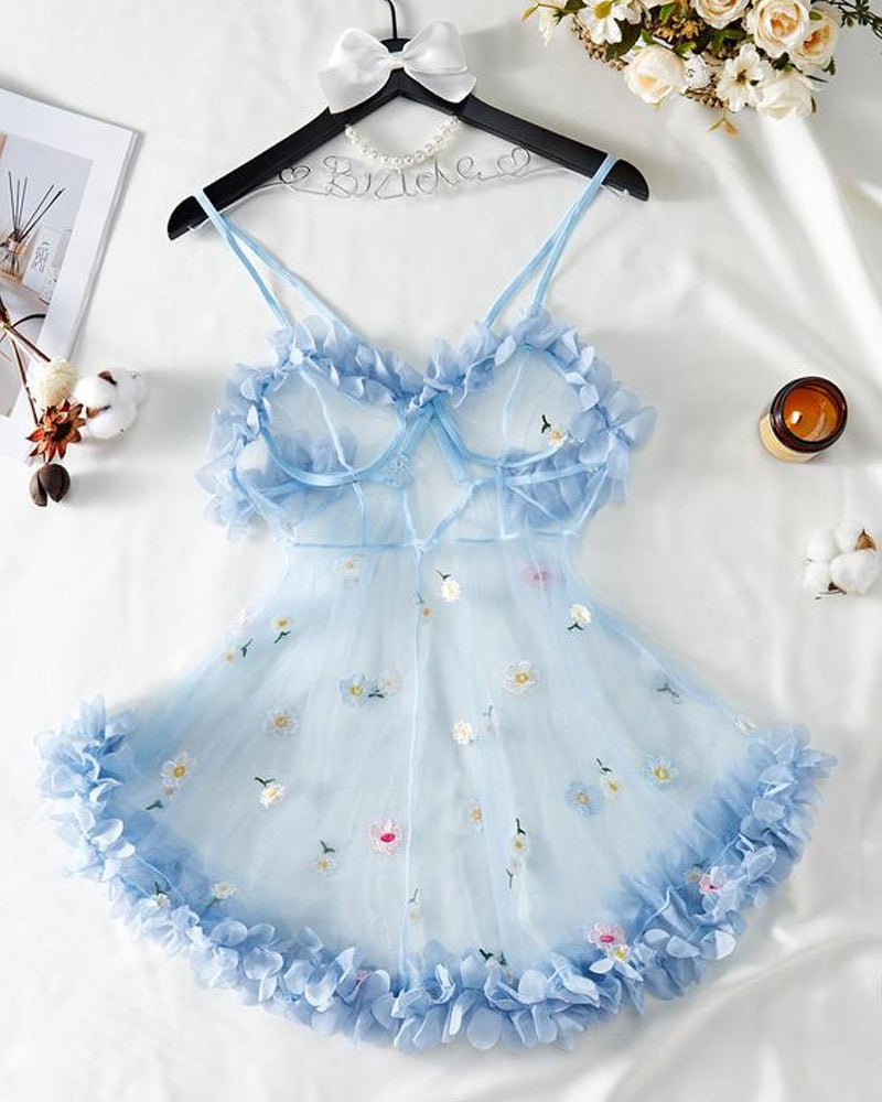 See-Through 3D Flower Lace Mesh Suspender Dress