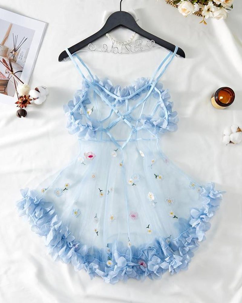 See-Through 3D Flower Lace Mesh Suspender Dress