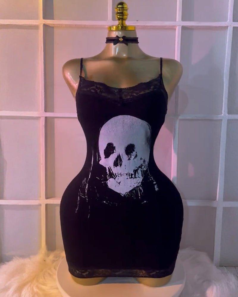 Black Skull Suspender Lace Dress