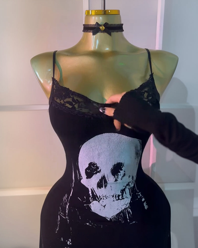 Black Skull Suspender Lace Dress