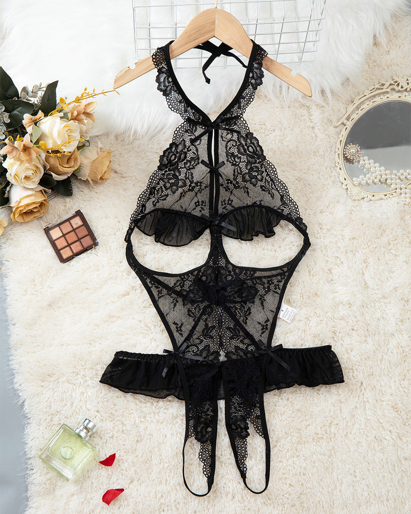 Women's Hollow Backless Transparent Floral Lace Open Crotch Design Bodysuit