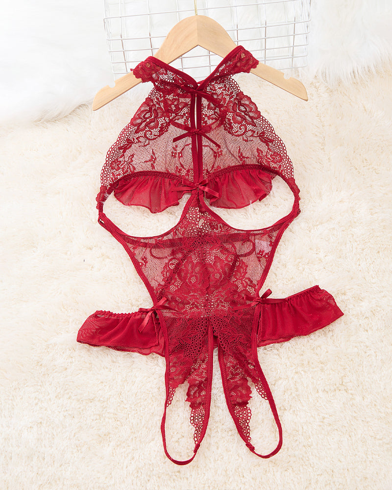 Women's Hollow Backless Transparent Floral Lace Open Crotch Design Bodysuit