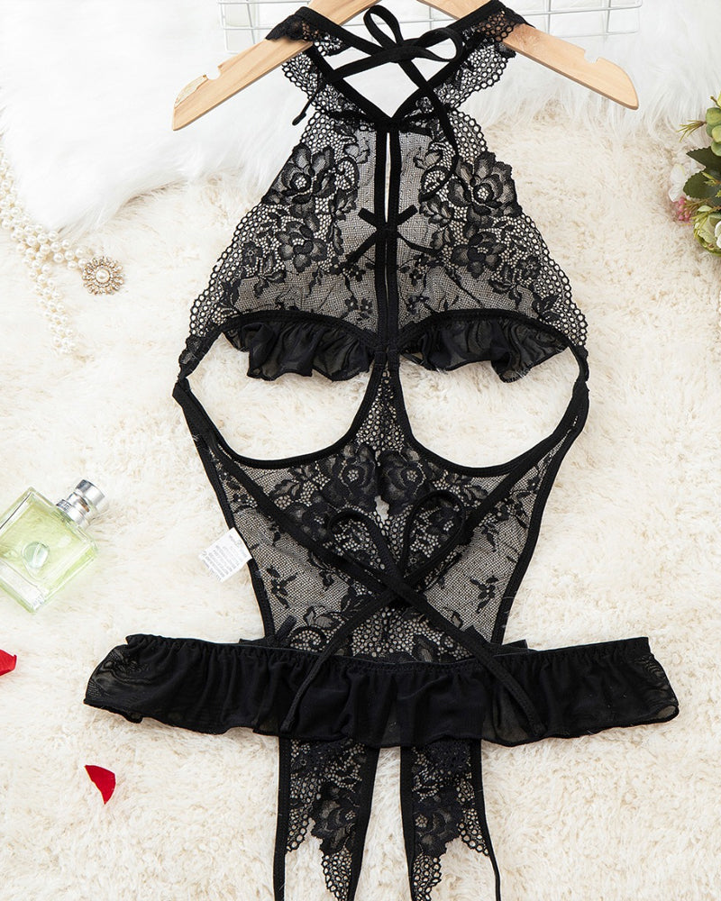 Women's Hollow Backless Transparent Floral Lace Open Crotch Design Bodysuit