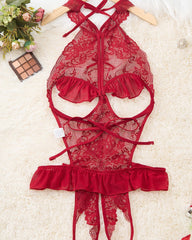 Women's Hollow Backless Transparent Floral Lace Open Crotch Design Bodysuit