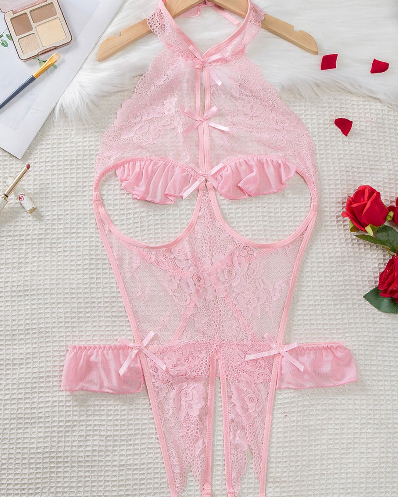 Women's Hollow Backless Transparent Floral Lace Open Crotch Design Bodysuit