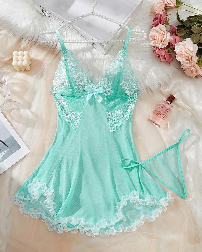 Deep V Contrast Lace Mesh Bow Decoration Suspender Nightdress (With Thong)