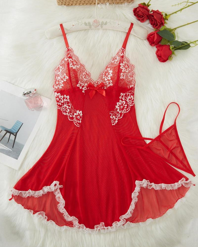 Deep V Contrast Lace Mesh Bow Decoration Suspender Nightdress (With Thong)