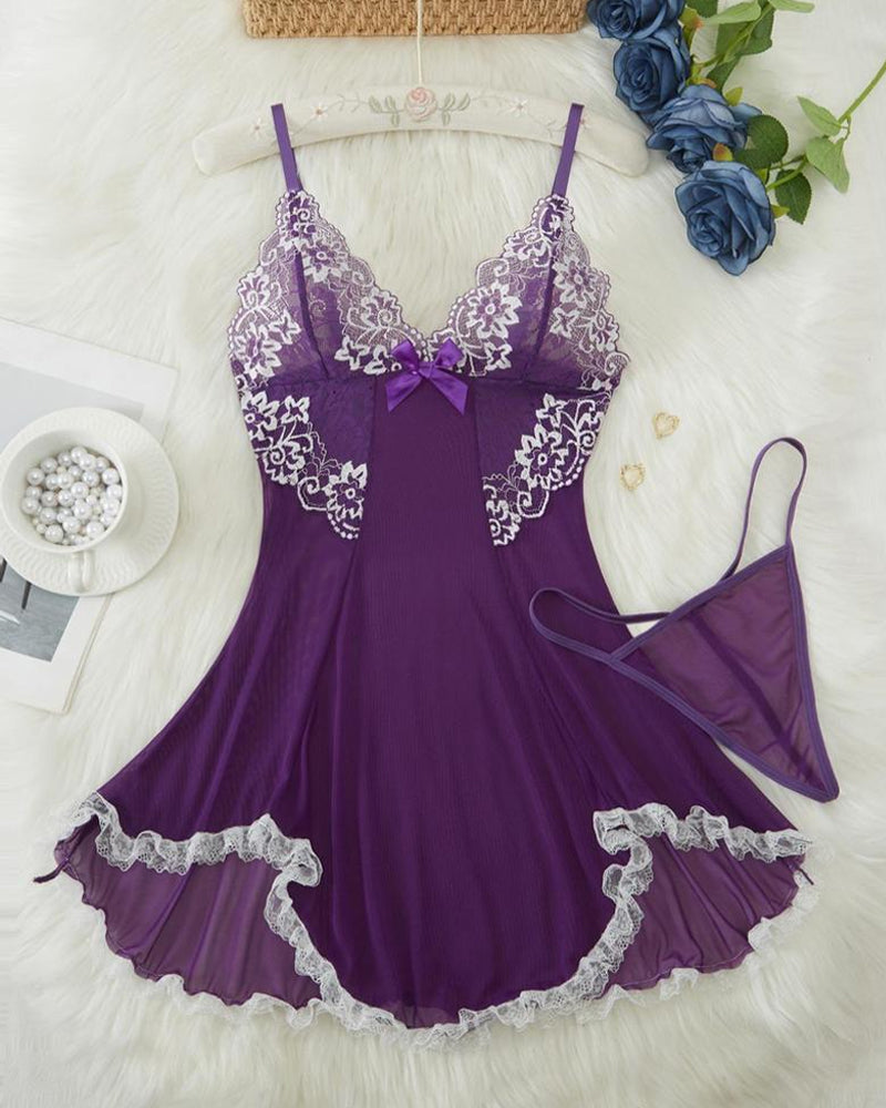 Deep V Contrast Lace Mesh Bow Decoration Suspender Nightdress (With Thong)