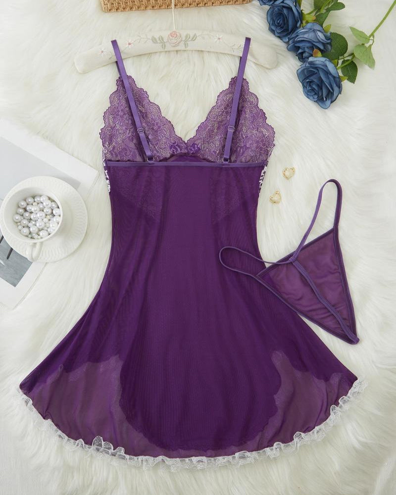 Deep V Contrast Lace Mesh Bow Decoration Suspender Nightdress (With Thong)