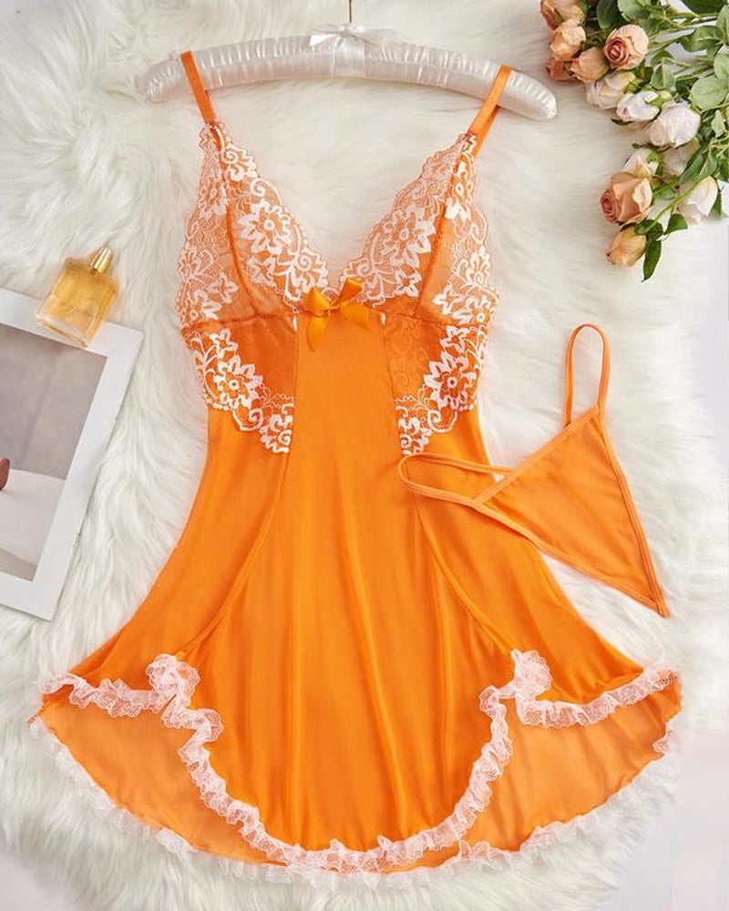 Deep V Contrast Lace Mesh Bow Decoration Suspender Nightdress (With Thong)