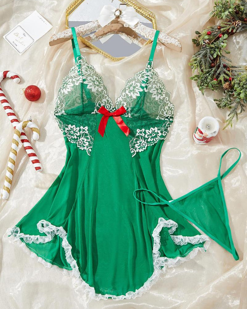 Deep V Contrast Lace Mesh Bow Decoration Suspender Nightdress (With Thong)