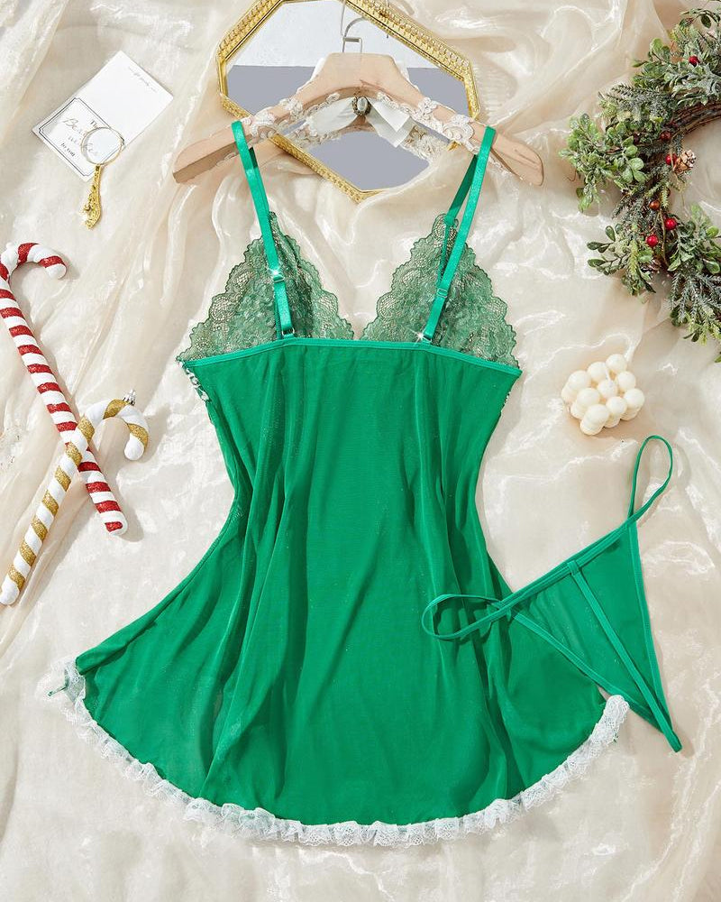Deep V Contrast Lace Mesh Bow Decoration Suspender Nightdress (With Thong)