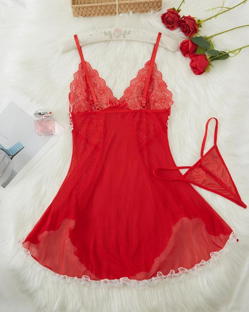 Deep V Contrast Lace Mesh Bow Decoration Suspender Nightdress (With Thong)
