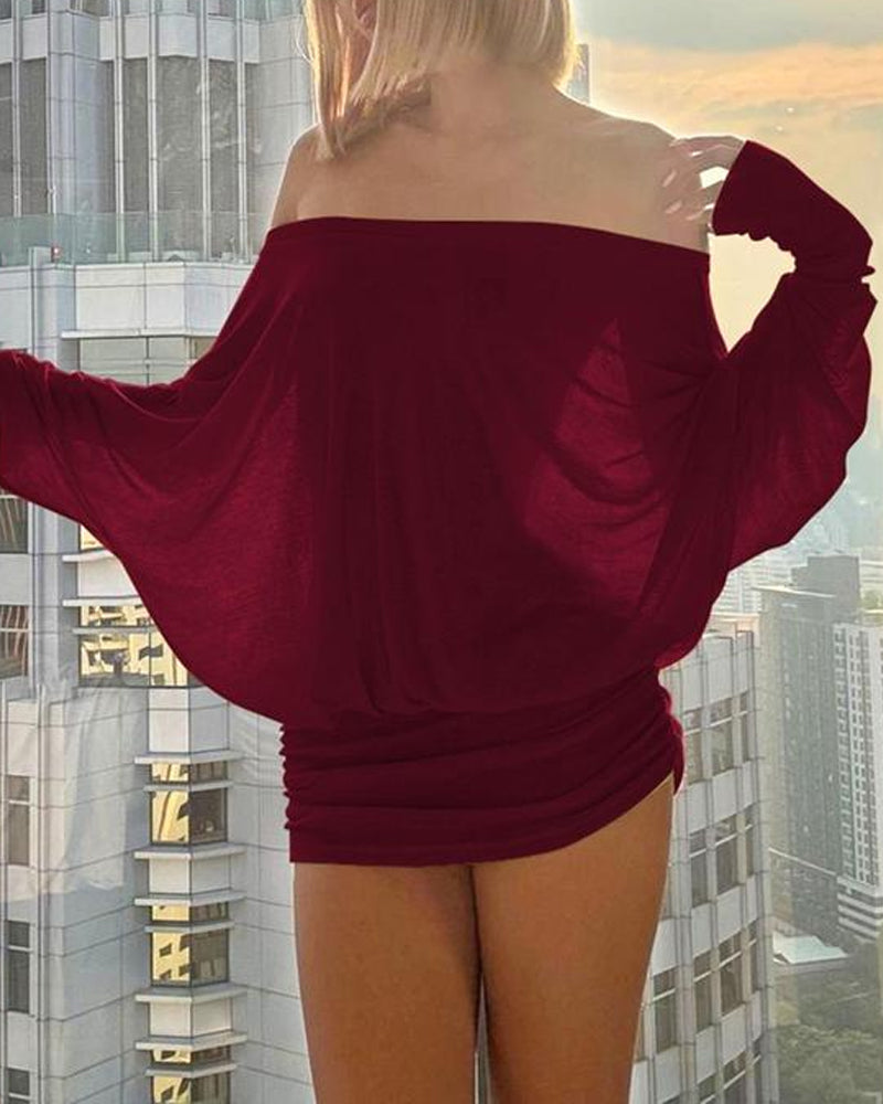 Women's Loose See-through Bat Sleeve Off-the-shoulder Long Sleeve Mini-Pleated Dress