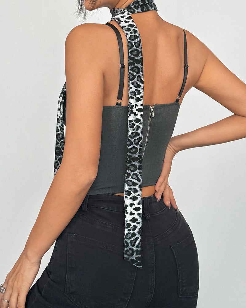 Leopard Contrast Low-Cut Herringbone Camisole Top