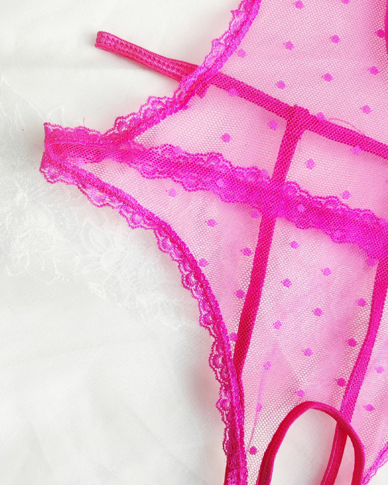 Floral Lace Bow Tie Open Crotch Hollow Polka Dot Mesh One-Piece Pajamas