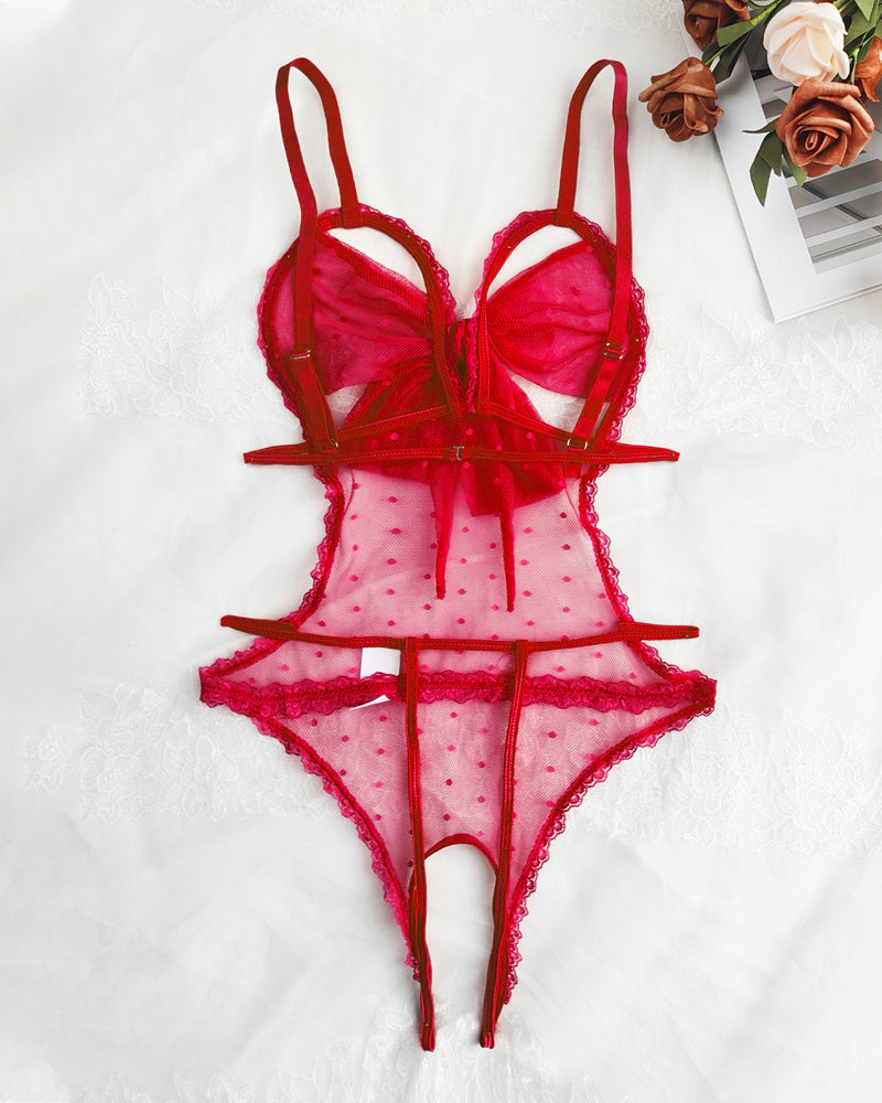 Floral Lace Bow Tie Open Crotch Hollow Polka Dot Mesh One-Piece Pajamas