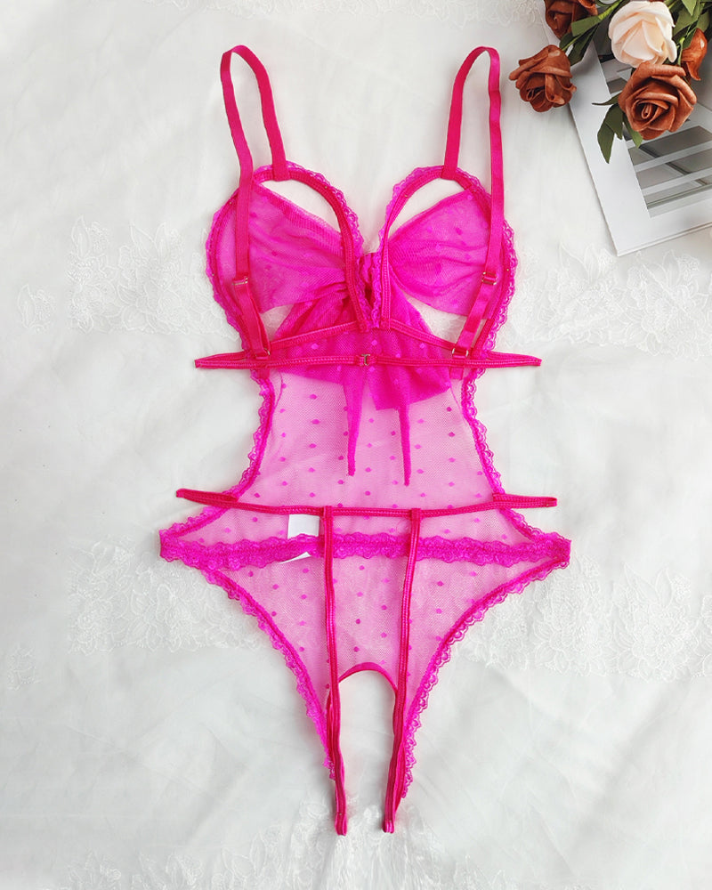 Floral Lace Bow Tie Open Crotch Hollow Polka Dot Mesh One-Piece Pajamas