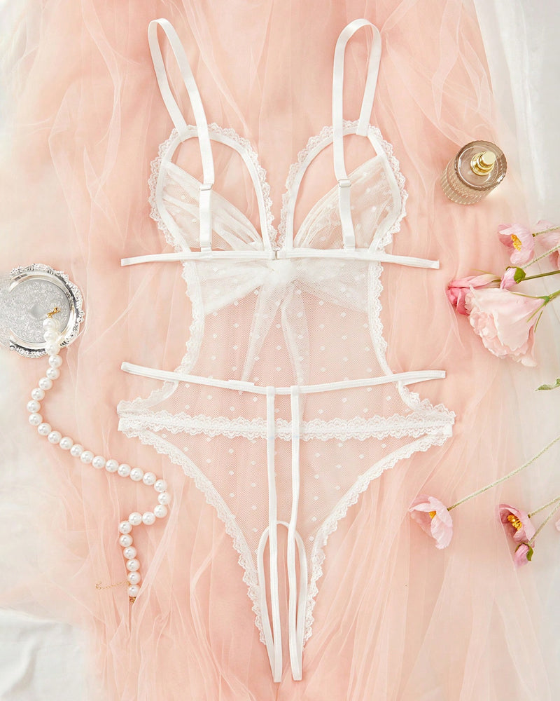 Floral Lace Bow Tie Open Crotch Hollow Polka Dot Mesh One-Piece Pajamas