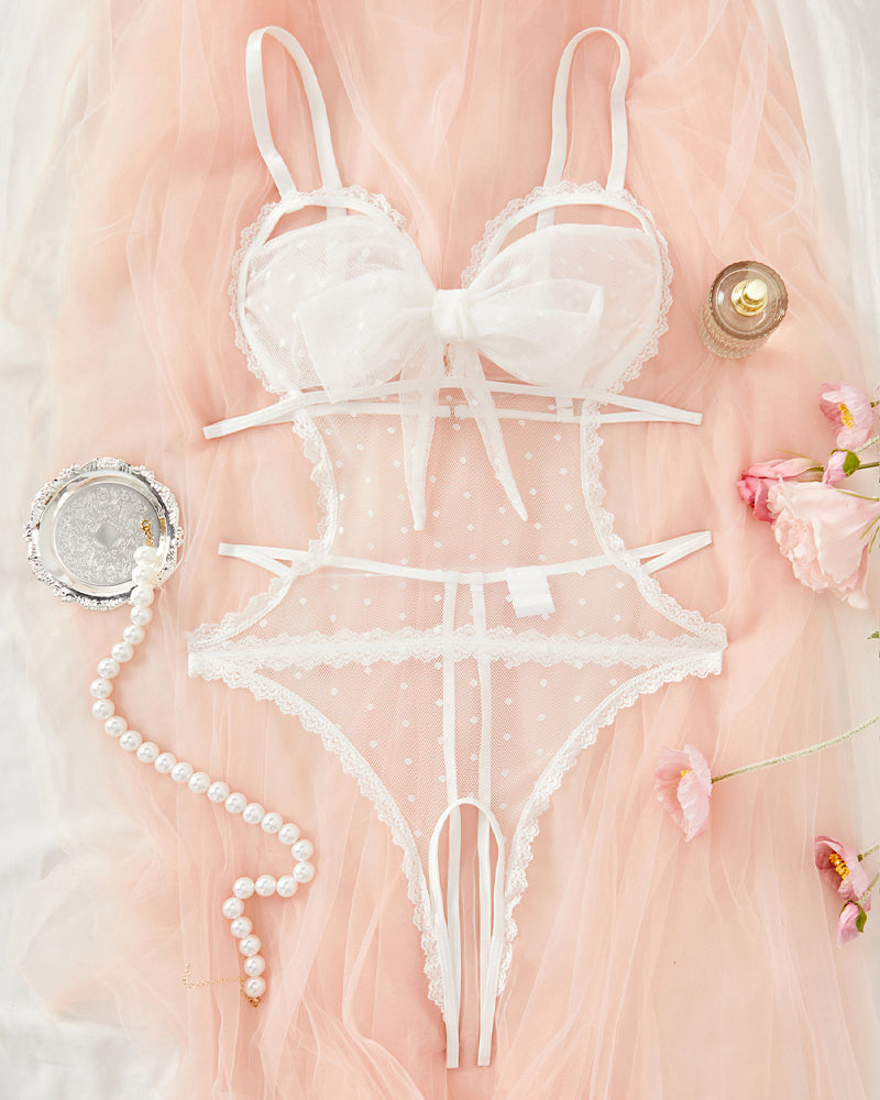 Floral Lace Bow Tie Open Crotch Hollow Polka Dot Mesh One-Piece Pajamas