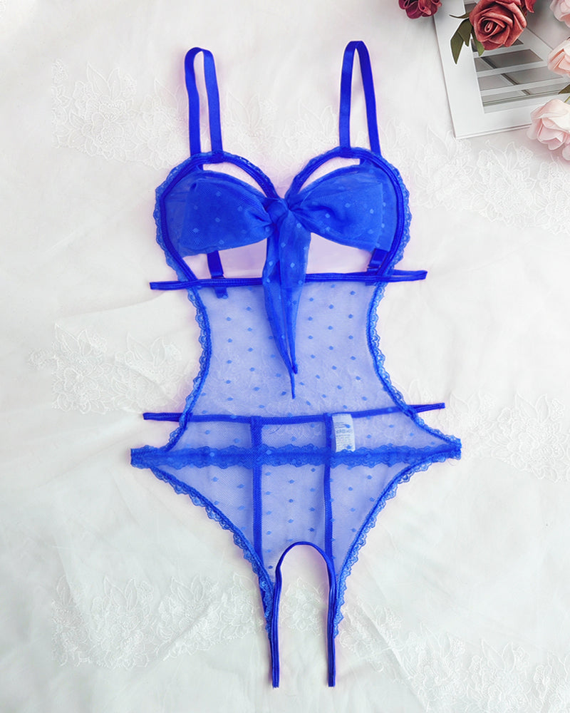Floral Lace Bow Tie Open Crotch Hollow Polka Dot Mesh One-Piece Pajamas