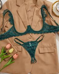 Women's Lace Underwire Spaghetti Straps Adjustable Bra and Open Crotch Design Thong Set