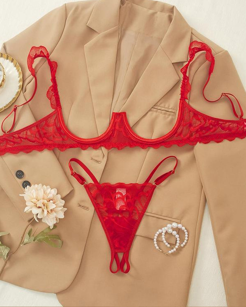 Women's Lace Underwire Spaghetti Straps Adjustable Bra and Open Crotch Design Thong Set