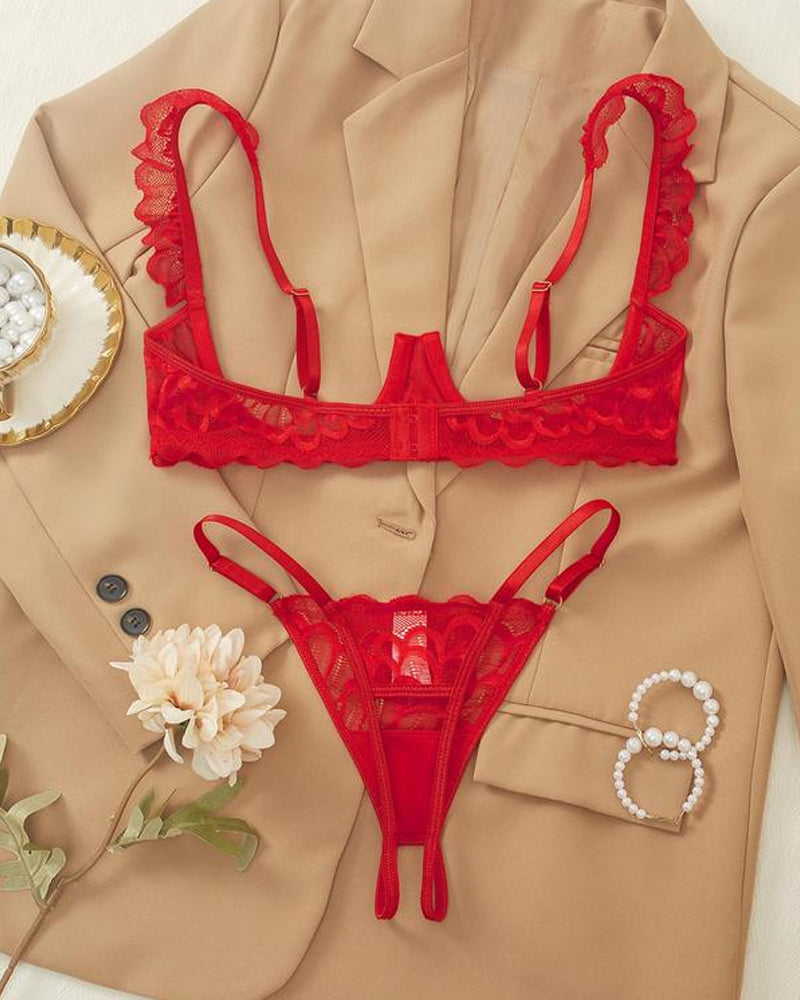 Women's Lace Underwire Spaghetti Straps Adjustable Bra and Open Crotch Design Thong Set