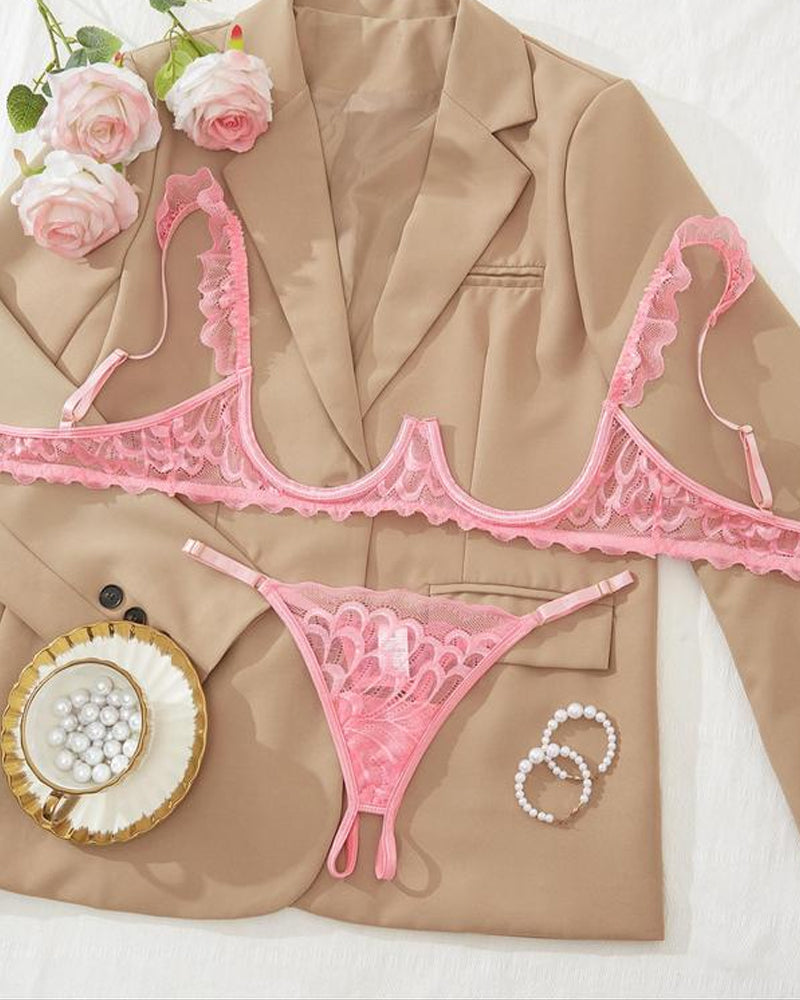 Women's Lace Underwire Spaghetti Straps Adjustable Bra and Open Crotch Design Thong Set