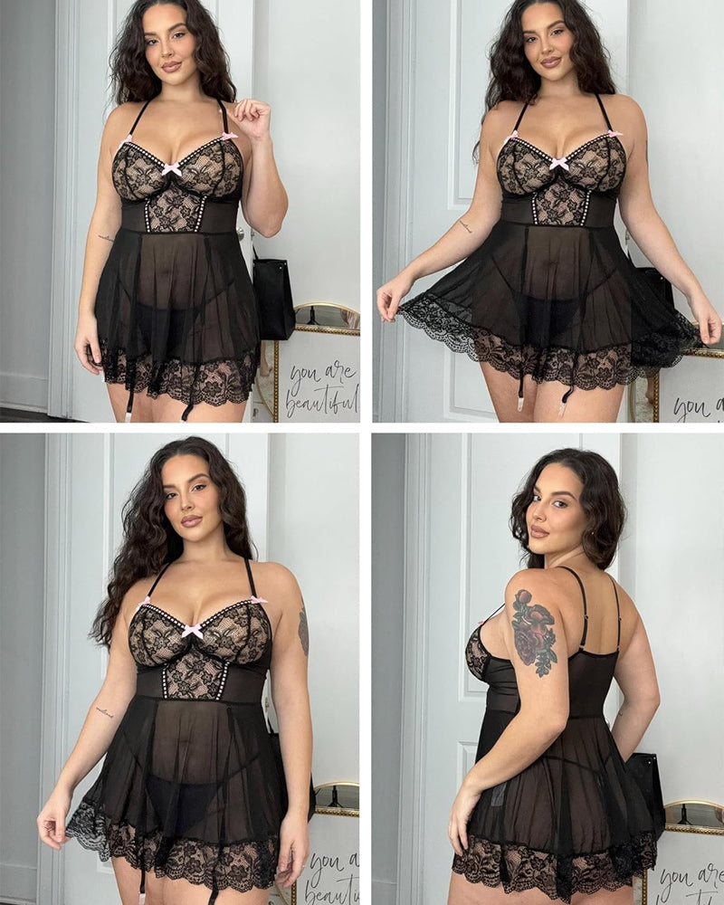 Deep V Neck Lace Mesh Suspender Nightdress with Garter Belt