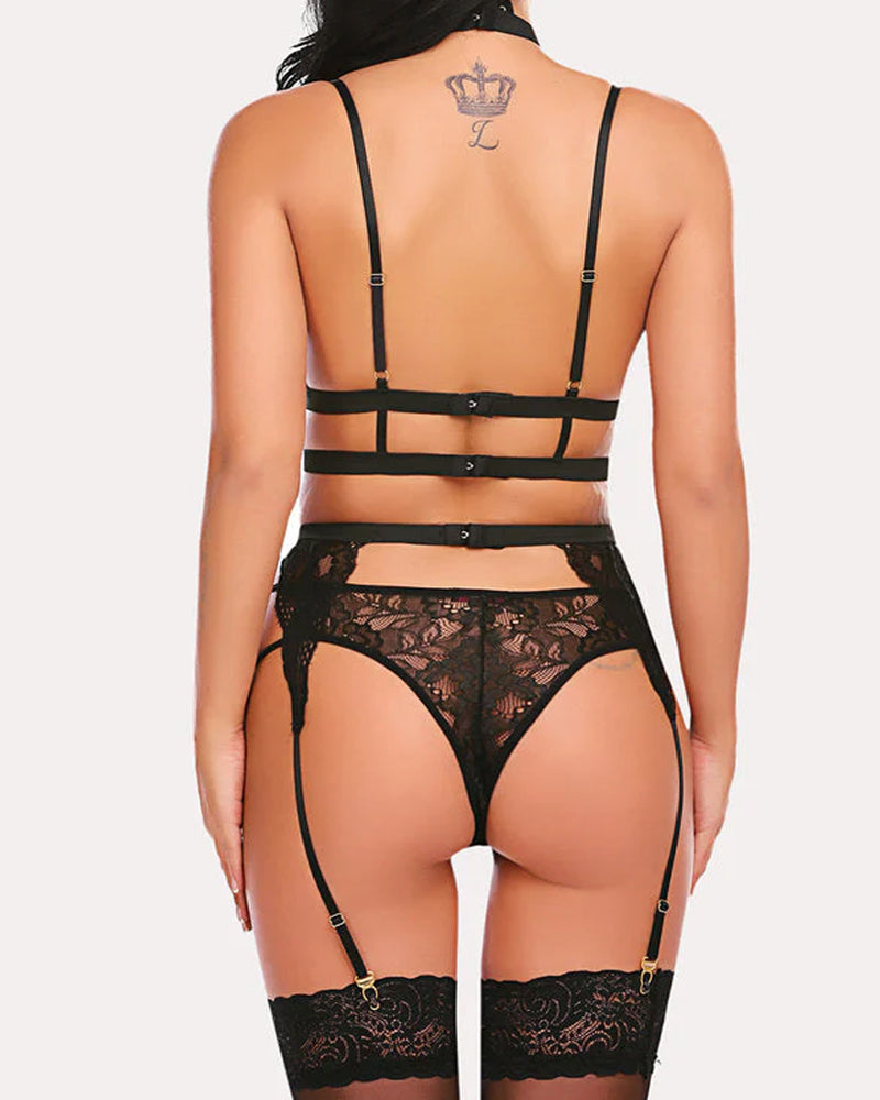 Lace Mesh Colorblock Suspender Bra and Garter Panty Set with Removable Choker