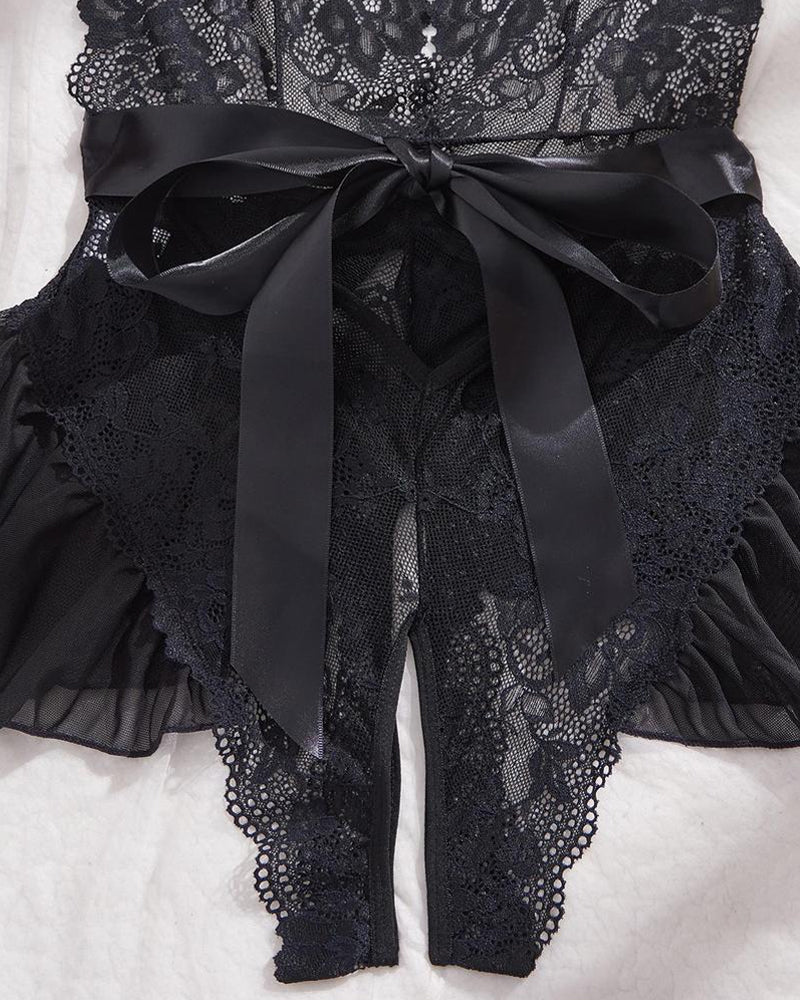 Women's Flower Lace Open Crotch Design Suspender Tight Backless Nightgown
