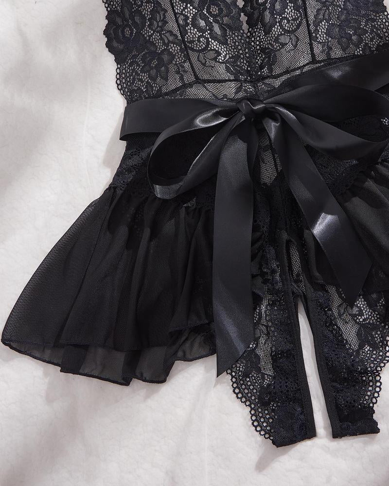 Women's Flower Lace Open Crotch Design Suspender Tight Backless Nightgown