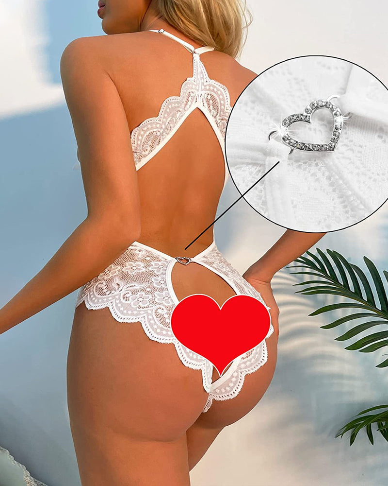 Deep V Lace Open Crotch Backless Heart Shaped Decoration One-Piece Pajamas