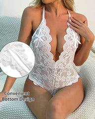Deep V Lace Open Crotch Backless Heart Shaped Decoration One-Piece Pajamas