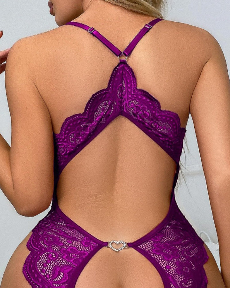 Deep V Lace Open Crotch Backless Heart Shaped Decoration One-Piece Pajamas