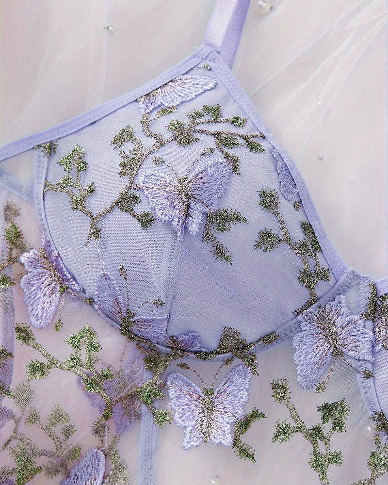 Women's Butterfly Embroidery Mesh Suspender Nightdress and Thong Set