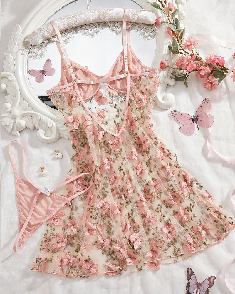 Women's Butterfly Embroidery Mesh Suspender Nightdress and Thong Set