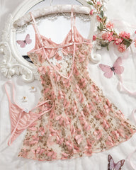 Women's Butterfly Embroidery Mesh Suspender Nightdress and Thong Set