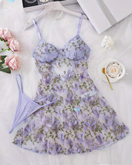 Women's Butterfly Embroidery Mesh Suspender Nightdress and Thong Set