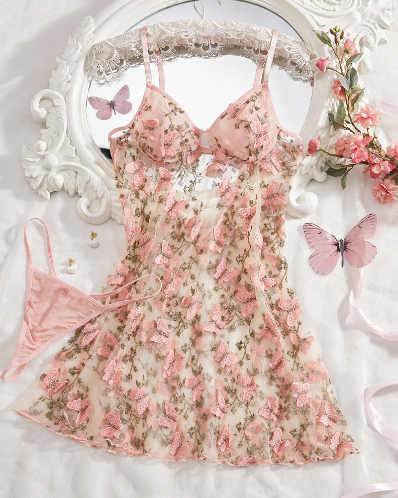 Women's Butterfly Embroidery Mesh Suspender Nightdress and Thong Set