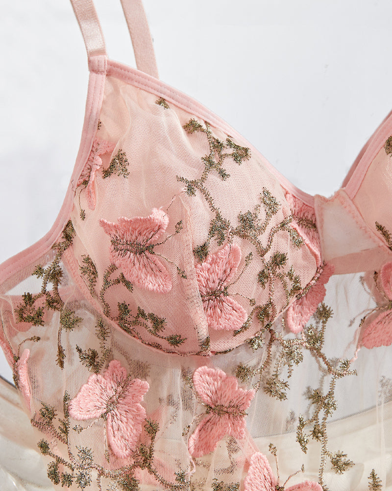 Women's Butterfly Embroidery Mesh Suspender Nightdress and Thong Set