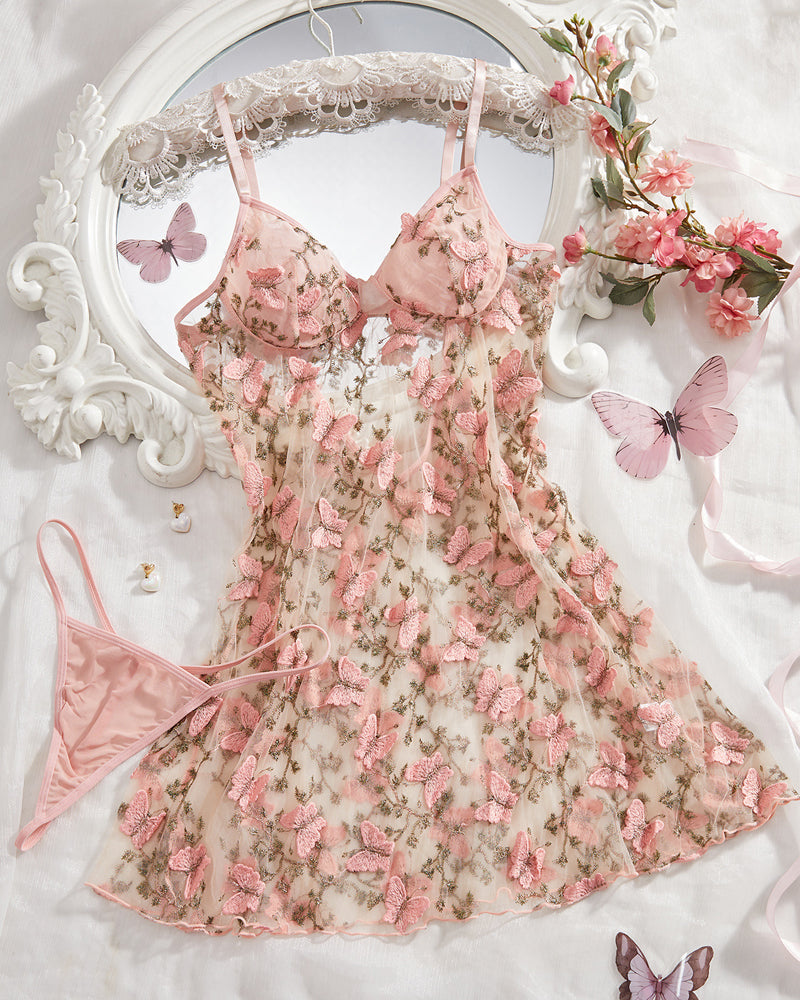 Women's Butterfly Embroidery Mesh Suspender Nightdress and Thong Set