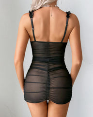 Mesh See-Through Flower Embroidery Slim Hip Nightdress