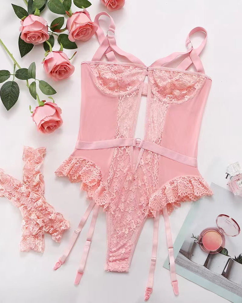 Lace Mesh Backless Ruffled Decoration Hollow Ring Buckle One-Piece Pajamas
